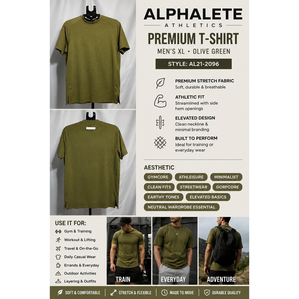 Alphalete Athletics Mens XL Streetwear Olive Green Short Sleeve Performance Tee